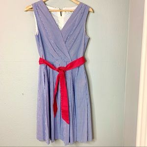 Chetta B Dress Size 10 Blue & White Stripes, Red Sash, Mock Wrap, Pockets